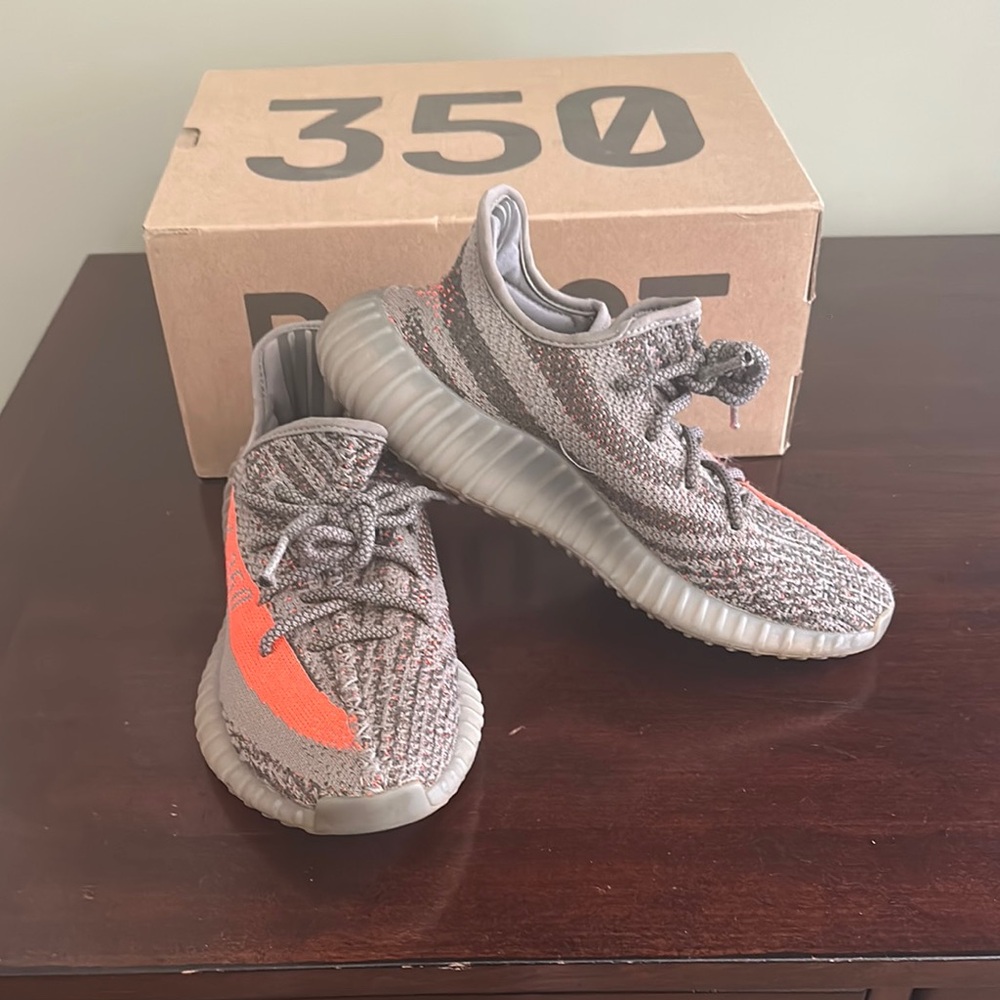 Yeezy Gray and Orange Sneakers with Knitted Upper